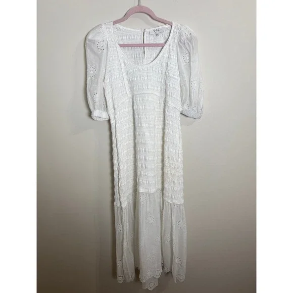 SEA NY White Eyelet Puff Sleeve Smocked Midi Dress - Picture 3 of 7